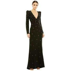 Mac Duggal $598 Black Long Sleeve Rhinestone Formal Jersey Maxi Gown Long Dress